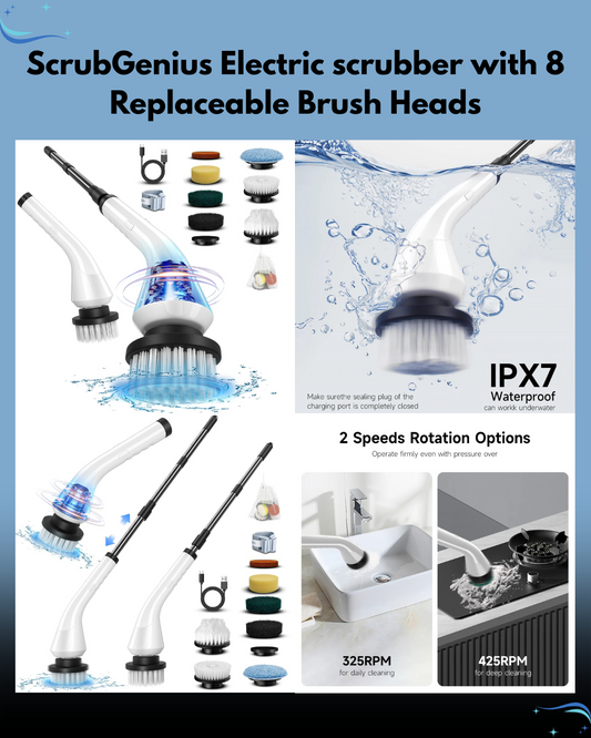 ScrubGenius Electric scrubber with 8 Replaceable Brush Heads